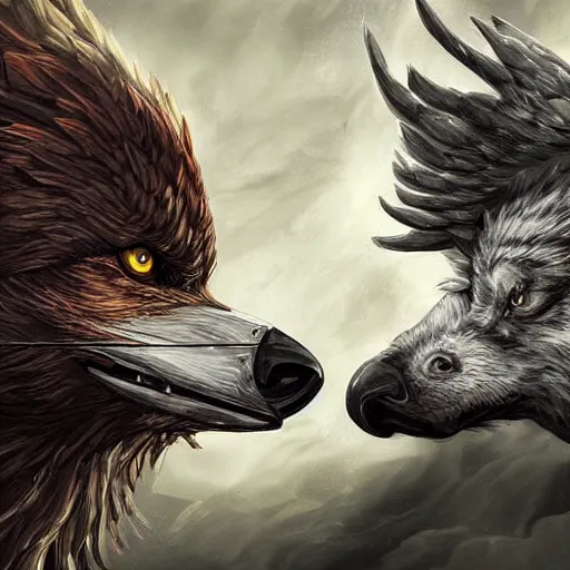 Prompt: epic battle of wolf and eagle in the style by ricardo ow, digital art, highly detailed, fantasy