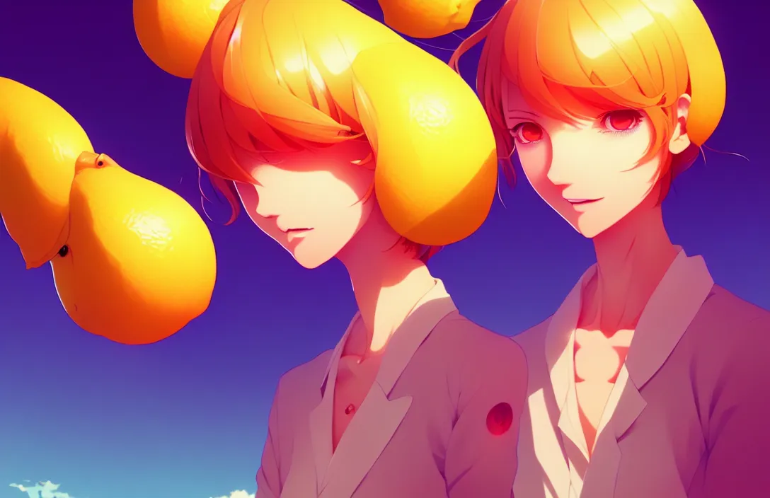 Image similar to ⁠portrait of an Sentient Lemon , Beach background, rich vivid colors, ambient lighting, dynamic lighting, 4k, HQ, official media, anime key visual, makoto shinkai, ilya kuvshinov, lois van baarle, rossdraws, detailed, trending on artstation