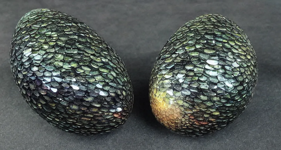 Image similar to Dragon Egg, Prismatic Dragon Scales, obsidian rock ground, photo realistic,ornate, highly detailed