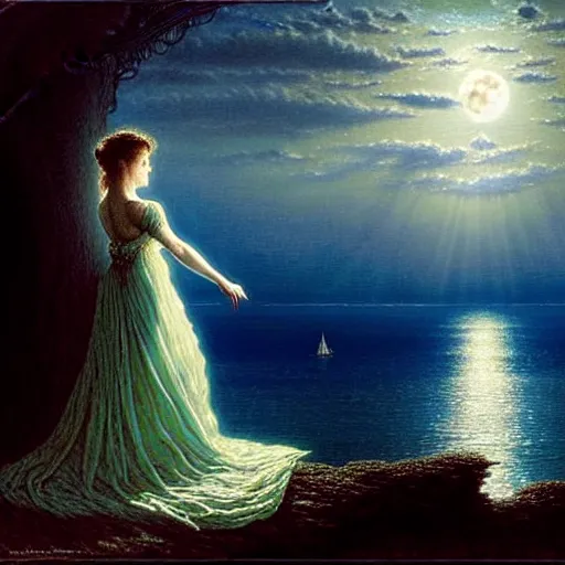 Prompt: an elegant fairy queen in a blue lace dress dancing looking out at a lord of the rings scenery landscape, staring across the sea at a white timber sail boat, evening, god's rays highly detailed, vivid colour, soft clouds, full moon, cinematic lighting, perfect composition, gustave dore, derek zabrocki, greg rutkowski, belsinski