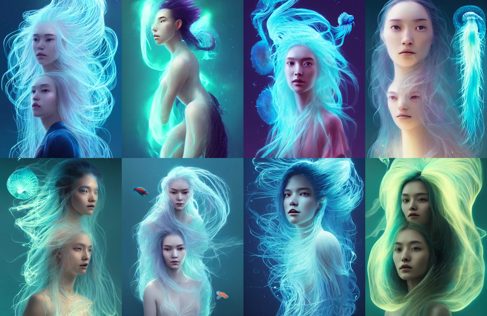 Prompt: highly detailed portrait of a woman with long hairs. betta fish, jellyfish phoenix, bio luminescent, plasma, ice, water, wind, creature, artwork by tooth wu and wlop and beeple and greg rutkowski