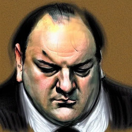 Prompt: Tony Soprano crying in courtroom sketch