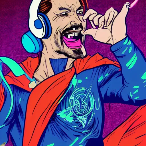 Image similar to artgerm, psychedelic laughing cybertronic dr. strange, rocking out, headphones dj rave, digital artwork, r. crumb, svg vector