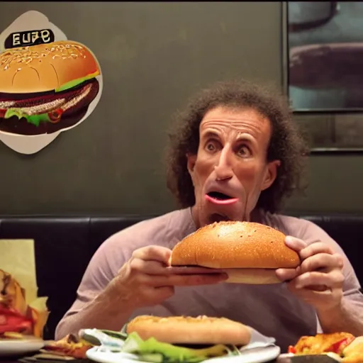Prompt: kenny g unhinging his jaw to eat a gigantic burger, epic, cinematic, realism, ultra detailed, 8 k, film still