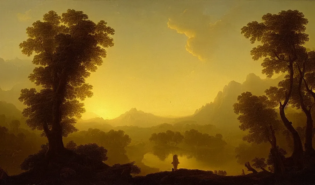 Image similar to a diamond tree forest at sunset, there is golden castle off in the distance, highly detailed landscape painting by claude lorrain, golden hour, misty ominous atmosphere