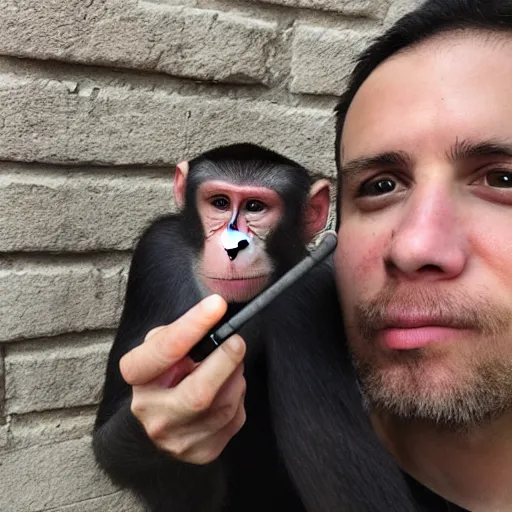 Prompt: Monkey holding and smoking a fat joint, iPhone selfie