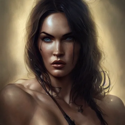 Image similar to portrait of megan fox, muscular upper body, fantasy, intricate, elegant, highly detailed, digital painting, artstation, concept art, matte, sharp focus, illustration, art by aenaluck and roberto ferri and greg rutkowski, epic fantasy, digital painting