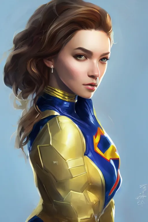 Image similar to three quarters portrait pose of a beautiful woman,super hero costume,super powers,heroic pose,highly detailed, digital painting, artstation,illustration, art by Stanley Lau