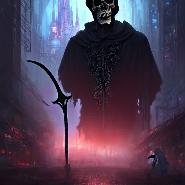 Prompt: Beautiful portrait 3d render of the gothic grim reaper with a scythe, centered face, portrait, atmospheric lighting, painted, intricate, volumetric lighting, beautiful, rich deep colors masterpiece, sharp focus, ultra detailed, in the style of Dan Mumford and marc simonetti, with a crowded futuristic cyberpunk city in the background, astrophotography