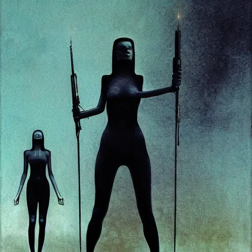Image similar to charlies angels by beksinski and tristan eaton, dark neon trimmed beautiful dystopian digital art
