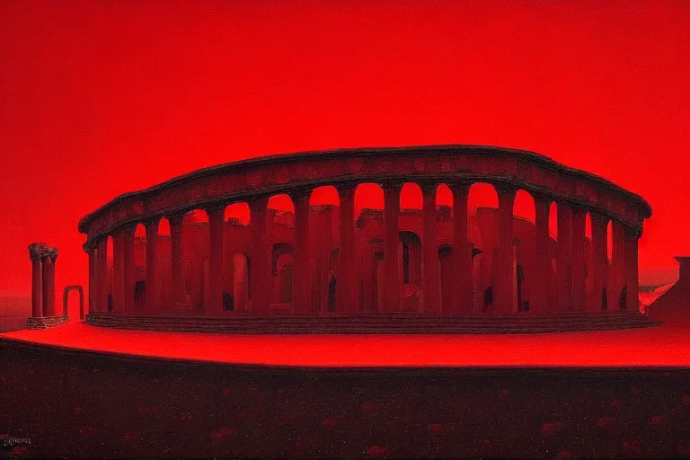 Image similar to only with red, a red great emperor, taormina amphitheatre, crowd with big smile, in the style of beksinski, parts by edward hopper, parts by rodcenko, parts by yue minjun, intricate and epic composition, red by caravaggio, insanely quality, highly detailed, masterpiece, red light, artstation, 4 k