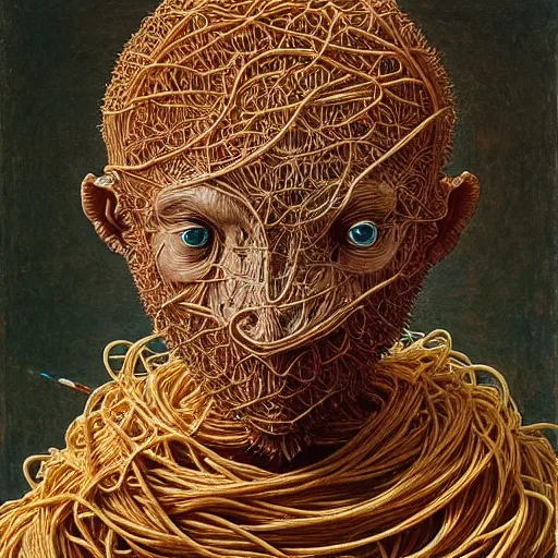 Prompt: half boy half rhino made of spaghetti, intricate armor made of spaghetti fractals, by giuseppe arcimboldo and ambrosius benson, renaissance, intricate and wet oil paint, a touch of beksinski, realistic