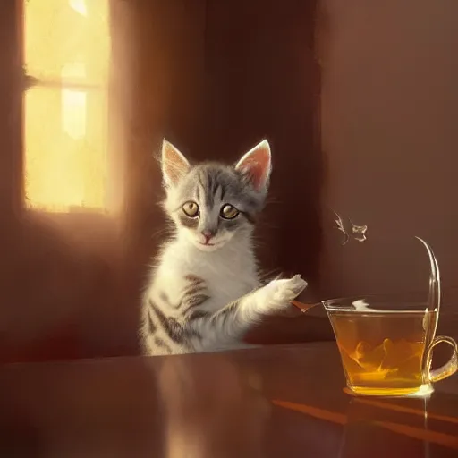 Image similar to Kitten drinking tea, dramatic scene, masterpiece digital painting by Greg Rutkowski, Alex Grey, artstation, 4k wallpaper