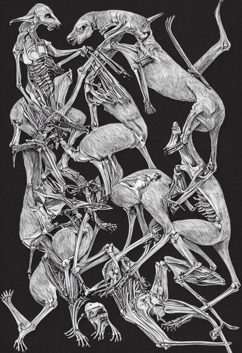 Prompt: pencil illustration of fight between two kangaroo skeletons, highly detailed, on black, silk screen t-shirt design 4K