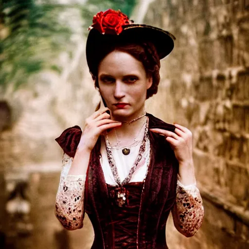 Image similar to A beautiful portrait of a lady vampire, victorian, photography, 35mm, depth of field, bokeh, soft light, cinematic, steve mccurry