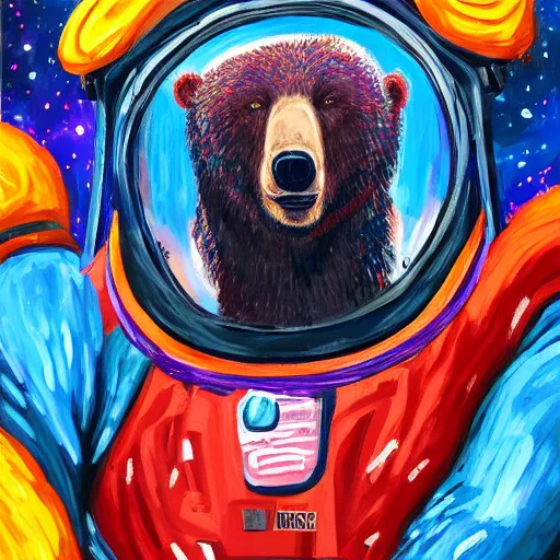 Image similar to a head and shoulder portrait of bear beast-man in space suit, painted in the colorful and expressive style of Kotwdq, trending on Artstation 8k photorealistic