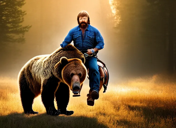 Image similar to portrait photo of chuck norris riding his grizzly bear to work at dawn. fantasy magic style. highly detailed 8 k. intricate. lifelike. soft light. sony a 7 r iv 5 5 mm. cinematic post - processing.