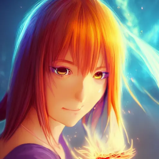 Image similar to rimuru tempest from tensura holding purple fire in her palm, with amber eyes of golden colored eyes, straight hair, sky blue hair, long bangs, concept art, award winning photography, digital painting, cinematic, wlop, 8 k, by ross tran, andy warhol, makoto shinkai
