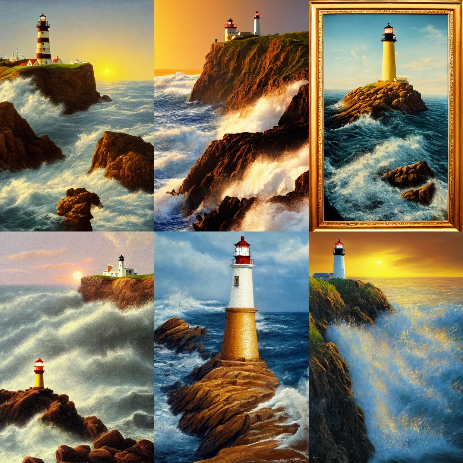 Prompt: lighthouse on a cliff with crashing waves, classic realism, golden hour,