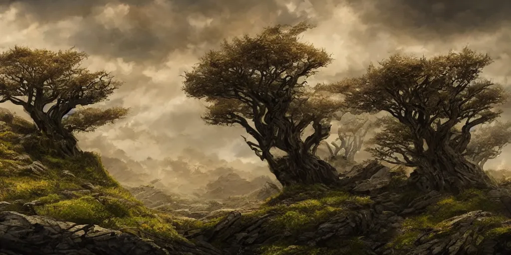 Image similar to rocky landscape of leaned keeled over toppled windswept windswept windswept trees, no visible soil, high quality fantasy art, 4k