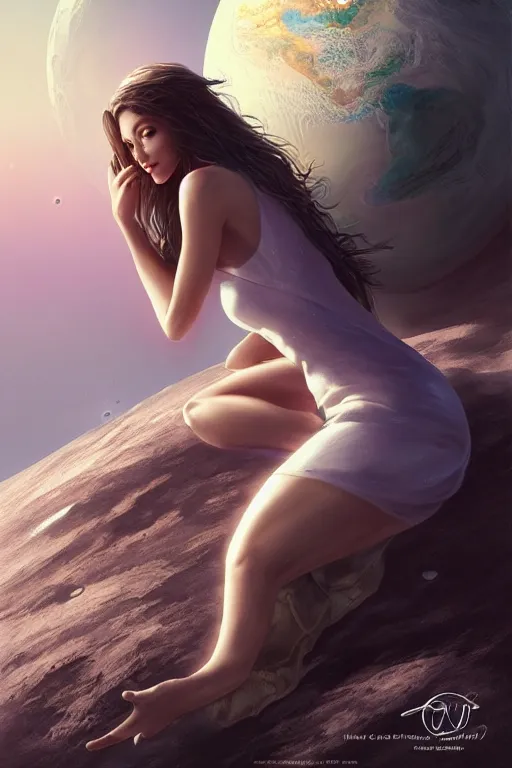 Prompt: Beautiful Supermodel sitting on the moon with a view of the earth in the background, elegant, digital painting, highly detailed, artstation, concept art, smooth, sharp focus, illustration, art by artgerm and greg rutkowski.