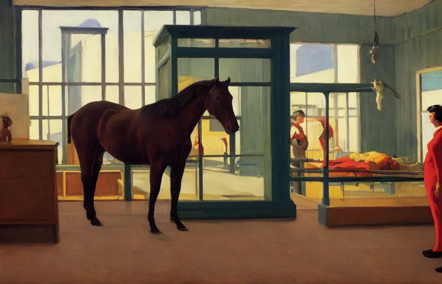 Prompt: a confused horse in a best buy, american realism style, edward hopper, george bellows, bo bartlett, jamie wyeth