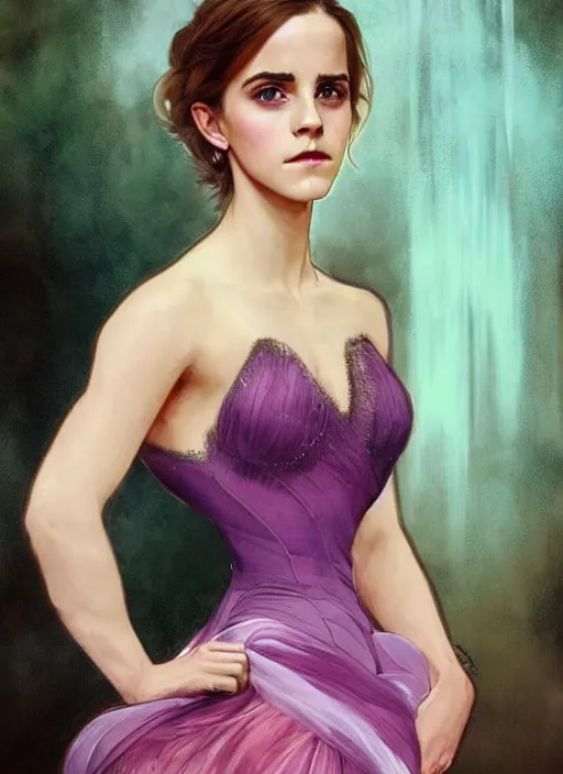 Image similar to emma watson at the yule ball wearing revealing elegant pink and purple dress with flounces. beautiful detailed face. by artgerm and greg rutkowski and alphonse mucha