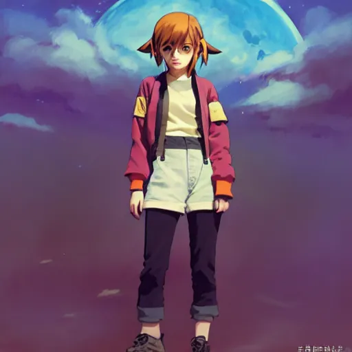 Image similar to beautiful boyish emma watson in majora's mask, wearing oversized mayan bomber jacket with overalls and leotard, bulky poofy bomber jacket with mayan patterns, aztec street fashion, gapmoe yandere grimdark, trending on pixiv fanbox, painted by greg rutkowski makoto shinkai takashi takeuchi studio ghibli, akihiko yoshida