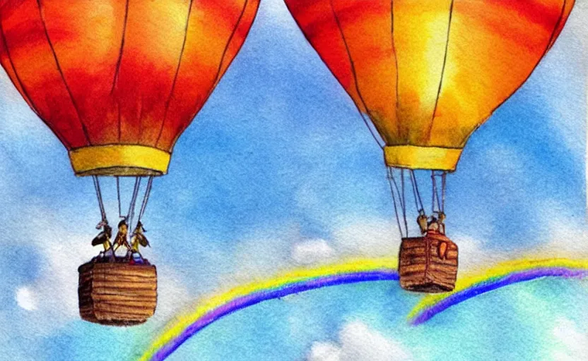 Image similar to hot air balloon flying through the sky, double rainbow, illustration by dr seuss, oh! the places you'll go, watercolor