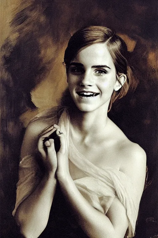 Image similar to emma watson smiling looking up detailed portrait painting by gaston bussiere craig mullins j. c. leyendecker photograph by richard avedon peter lindbergh