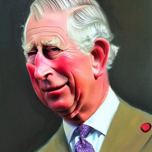 Image similar to an oil painting of prince charles with sausage fingers