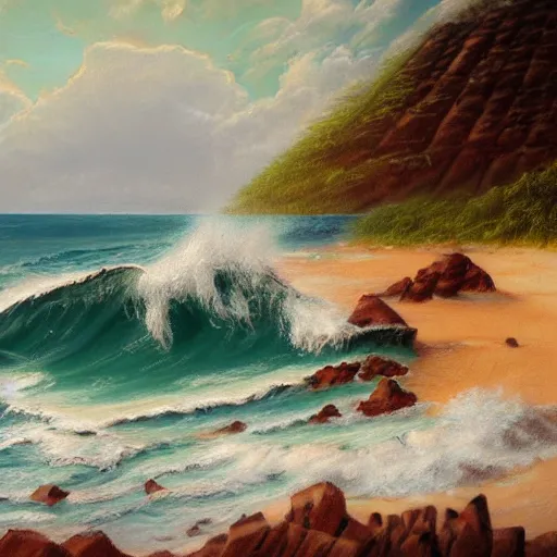 Prompt: beautiful waves crashing on the beach of hawaii, tropical setting, detailed oil painting, 1 9 2 0 ’ s colored pencil, highly detailed, highly accurate, deep aesthetic, 8 k, highly ornate intricate details, cinematic lighting, rich colors, beautiful scenic view, ray tracing, hyperrealistic, photorealistic, cinematic landscape, trending on artstation, concept art,