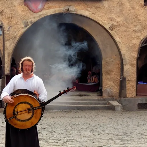 Prompt: a medieval bard singing in a wooden stage in the middle of an old wooden town with his hurdy - gurdy. smoke explosion around him. mid day light. medieval market fest.