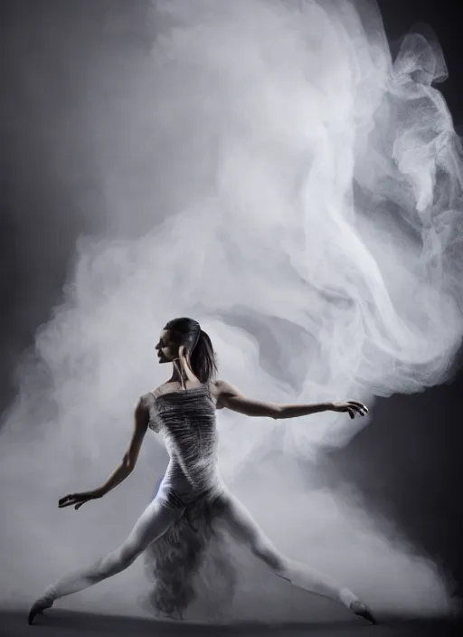 Image similar to a Photorealistic dramatic hyperrealistic render of a glamorous beautiful Female smoke dancer by Ken Brower and Deborah Ory of NYC Dance project,Lois Greenfield,Flowing cloth and smoke,Beautiful dynamic dramatic dark moody lighting,volumetric,shadows,cinematic atmosphere,Octane render,8K