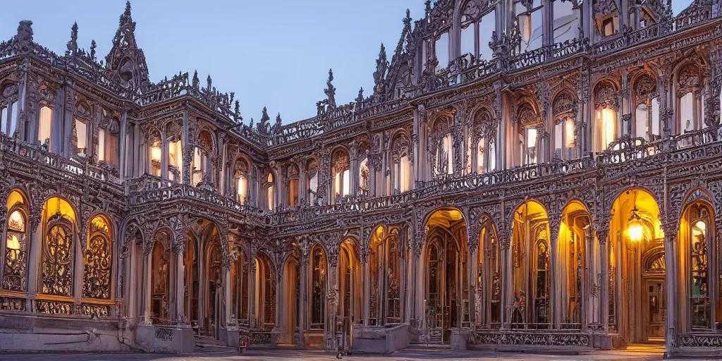 Image similar to extremely detailed ornate stunning sophisticated beautiful elegant victorian museum exterior by Henry Young Darracott Scott and Francis Fowke, stunning volumetric light, stainless steal, concrete, translucent material, beautiful sunset, tail lights