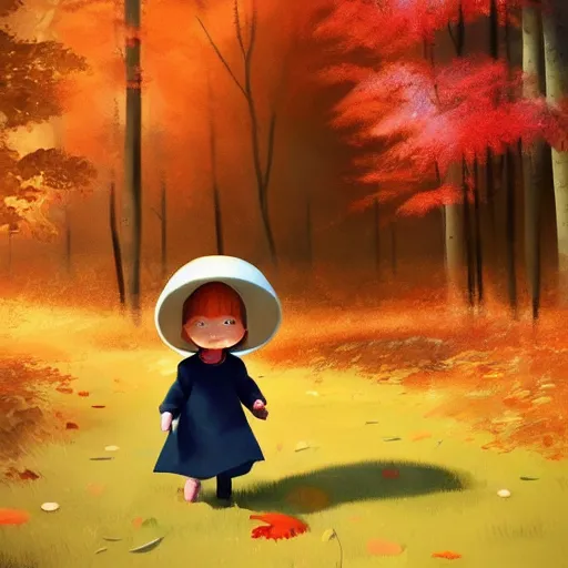 Image similar to collecting mushrooms ilustration a beautiful little girl smiling, walking calmly through an autumn forest, style by goro fujita, character art, sharp focus, highly detailed, artstation