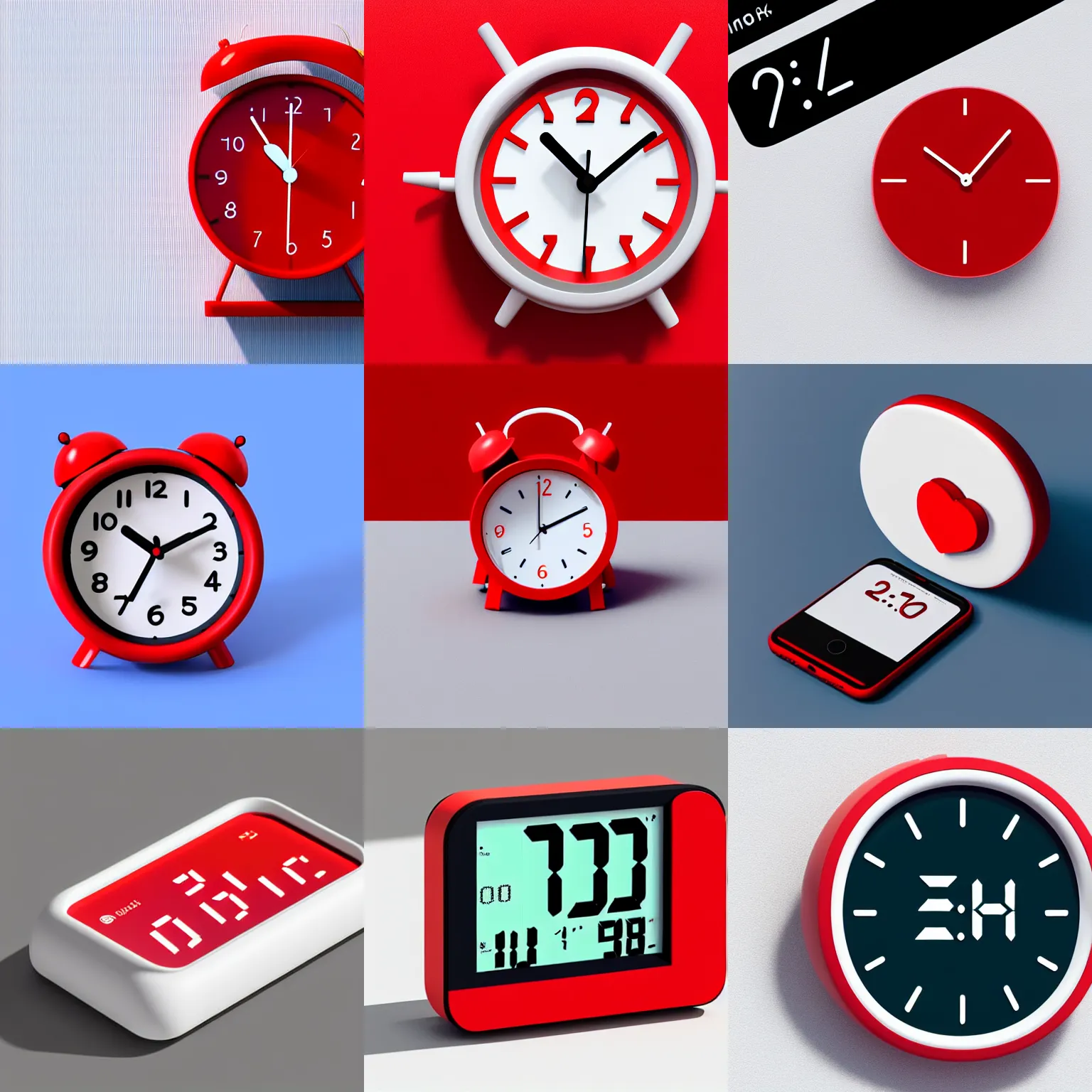 Prompt: Isometric analog alarm clock clay render red iOS emoji alarm clock on a white background, 4k UHD, isometric top down left view, diffuse lighting, zoomed out very far