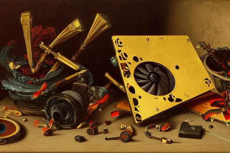 Image similar to a vanitas painting depicting an NVIDIA RTX A100 GPU, graphics card