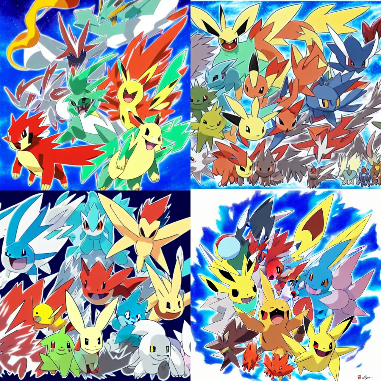 Prompt: official art of a diverse crowd of Pokemon, by Ken Sugimori and Junichi Masuda, whitespace, Bulbapedia, Pokémon logo, ninetales kyogre blaziken camerupt seaking lanturn moltres