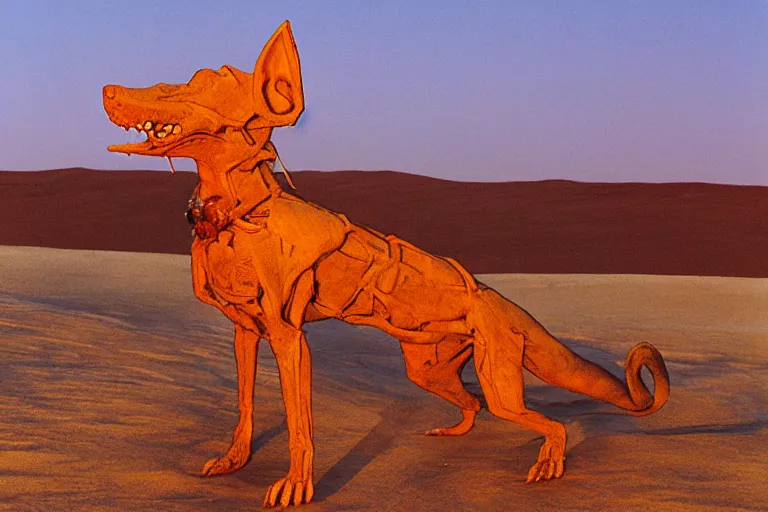 Prompt: monstrous xoloitzcuintli dog in the atacama desert at dusk, hungry and drooling, cracking bones, futuristic comic book by moebius