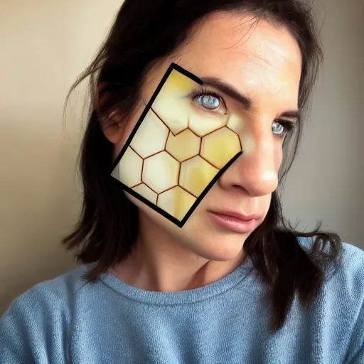 Image similar to face portrait of a woman, hexagon polygon, bees