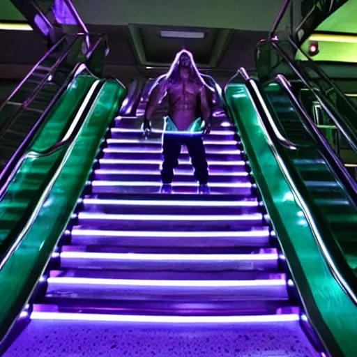 Prompt: bioluminescent hulk hogan in the darkness on an escalator