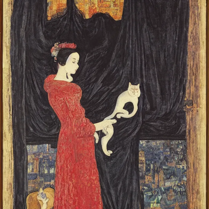 Prompt: portrait of woman in night gown with cat and crane with city with gothic cathedral seen from a window frame with curtains. max ernst, jan van eyck, bonnard, henri de toulouse - lautrec, utamaro, matisse, monet, audubon
