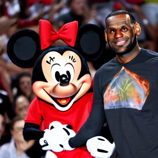 Image similar to Lebron James hugging mickey mouse