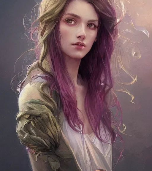Image similar to full portrait of a young, attractive woman, soft hair, muscular, half body, cloth, pink hair, d & d, fantasy, intricate, elegant, highly detailed, digital painting, artstation, concept art, smooth, sharp focus, illustration, art by artgerm and greg rutkowski and alphonse mucha