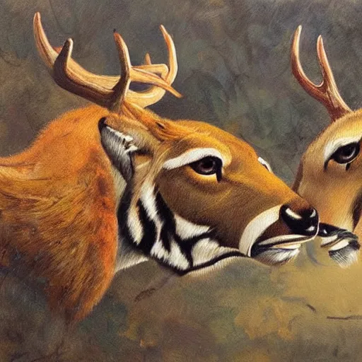 Image similar to a painting of deer in tiger skin and tiger in deer skin facing each other, their heads bowed towards ground by esao andrews