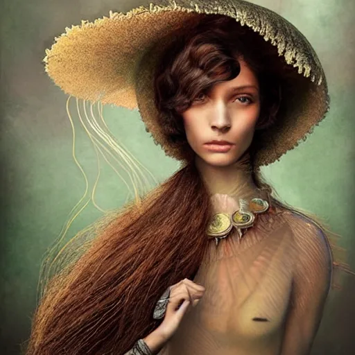 Image similar to brown woman wearing a jellyfish armor. iridiscent. super detailed. layered. textured. award winning. dispersion of light. refracted lighting. soft. fragile. by ray caesar. by louise dahl - wolfe. by andrea kowch. by tom bagshaw. surreal photography