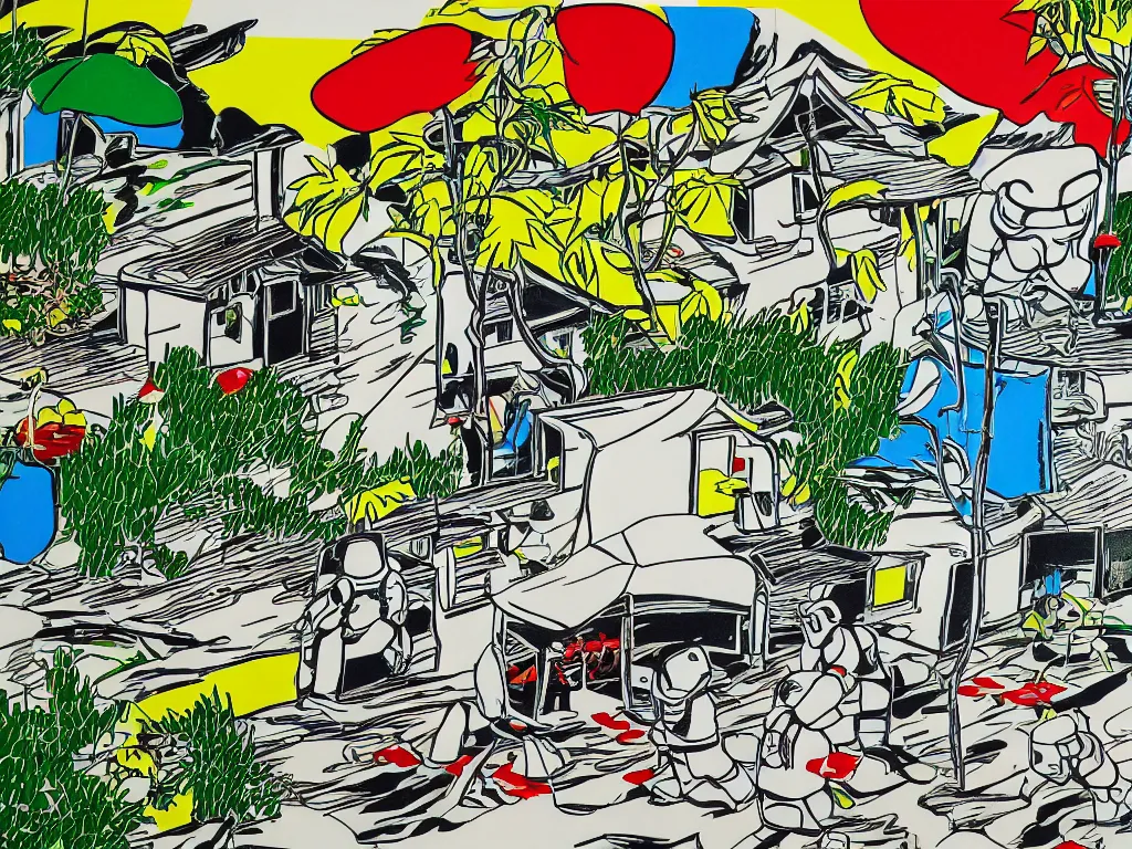 Image similar to detailed close - up image of the japanese home with a garden and a pond, 2 stormtroopers sitting around it, pop - art style, jacky tsai style, andy warhol style, roy lichtenstein style, rich palette, acrylic on canvas