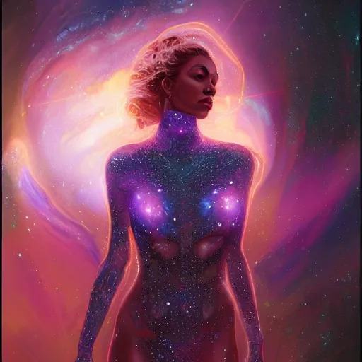 Prompt: Portrait of a cosmic goddess, suit made of stars, galaxy and nebulas, intricate, cinematic lighting, highly detailed, digital painting, artstation, concept art, smooth, sharp focus, illustration, art by Artgerm and Greg Rutkowski, Cgsociety