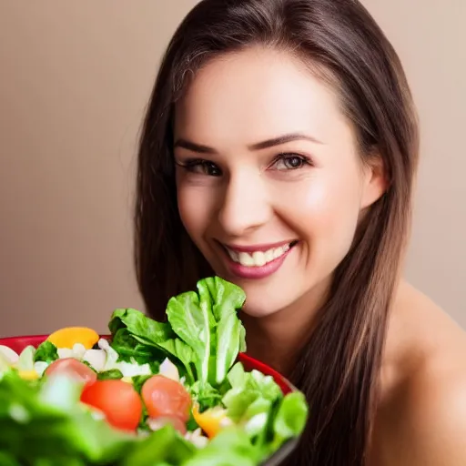 Image similar to close up headshot of a happy woman eating salad, stock photograph, studio lighting, 4k, beautiful symmetric face, beautiful gazing eyes